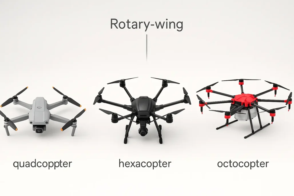 Multirotor drones quadcopters, hexacopters, octocopters